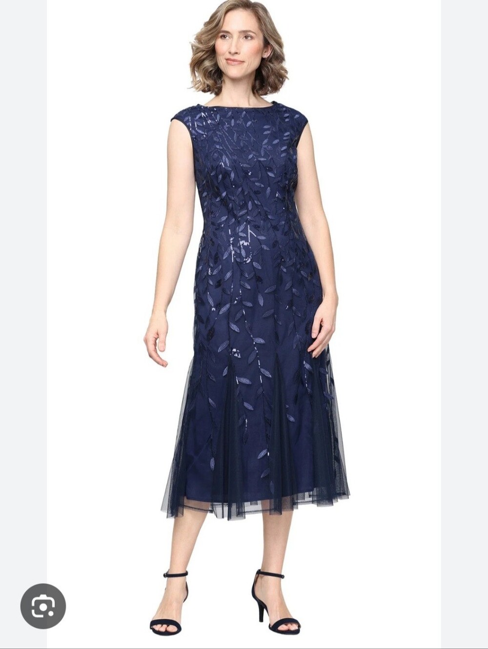 Sleeveless Navy Leaf-Embellished Midi Dress